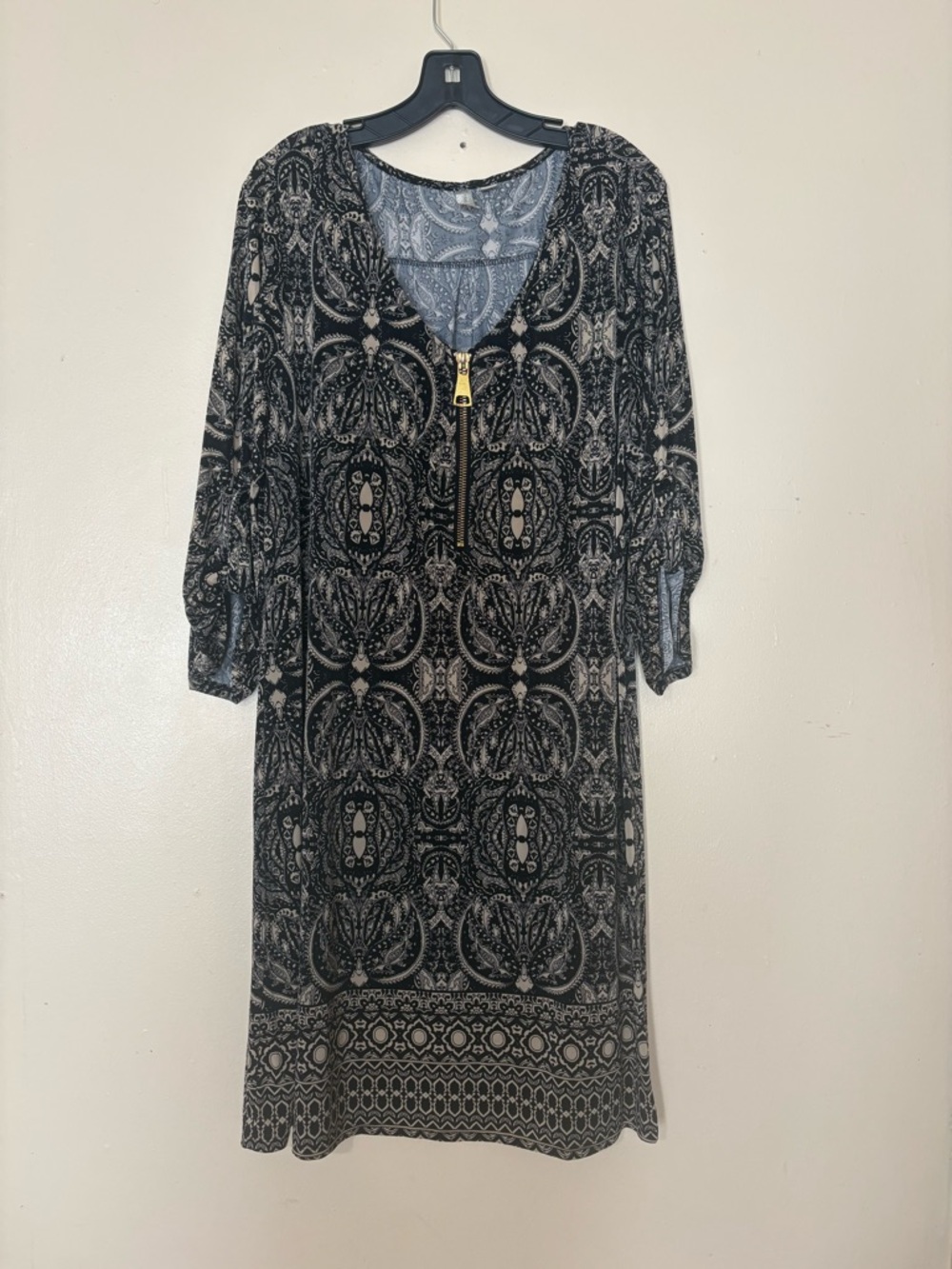Printed Long-Sleeve Black & Cream Zip-Front Midi Dress